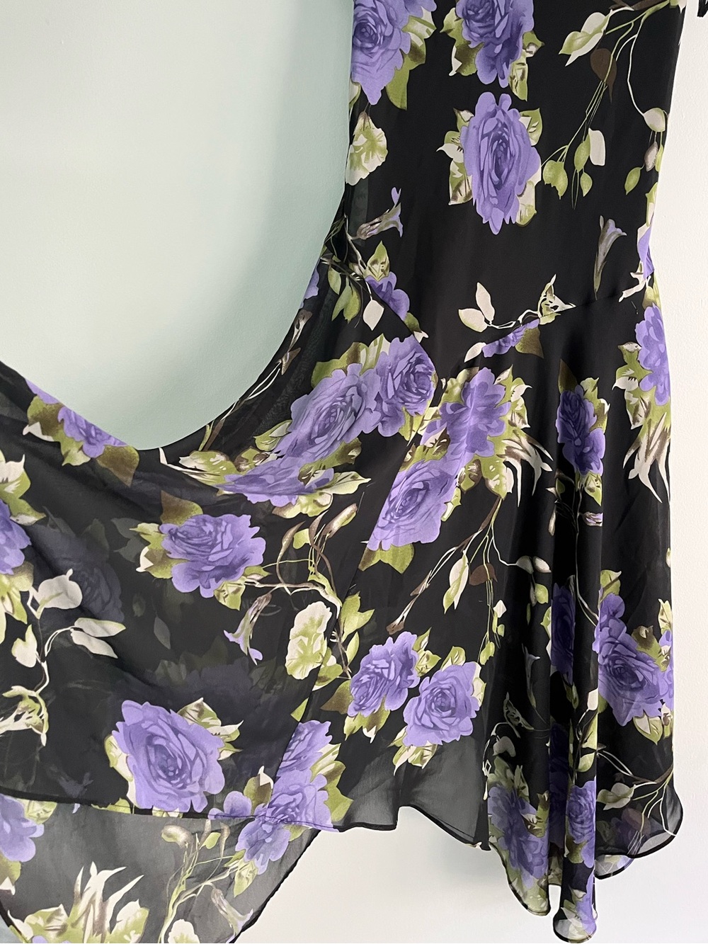 90s Y2K Jessica Black & Purple Floral Whimsical Flowy Fairy Midi Cowl Neck Dress - Picture 3 of 16